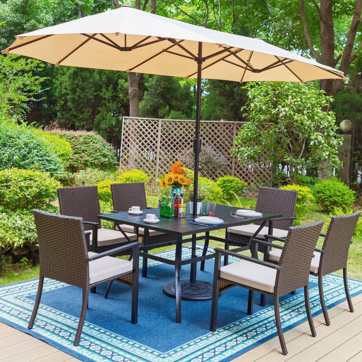 8-Piece Outdoor Patio Set with 13 ft Umbrella, 6 Wicker Cushioned Chairs & Rectangular Table S987694