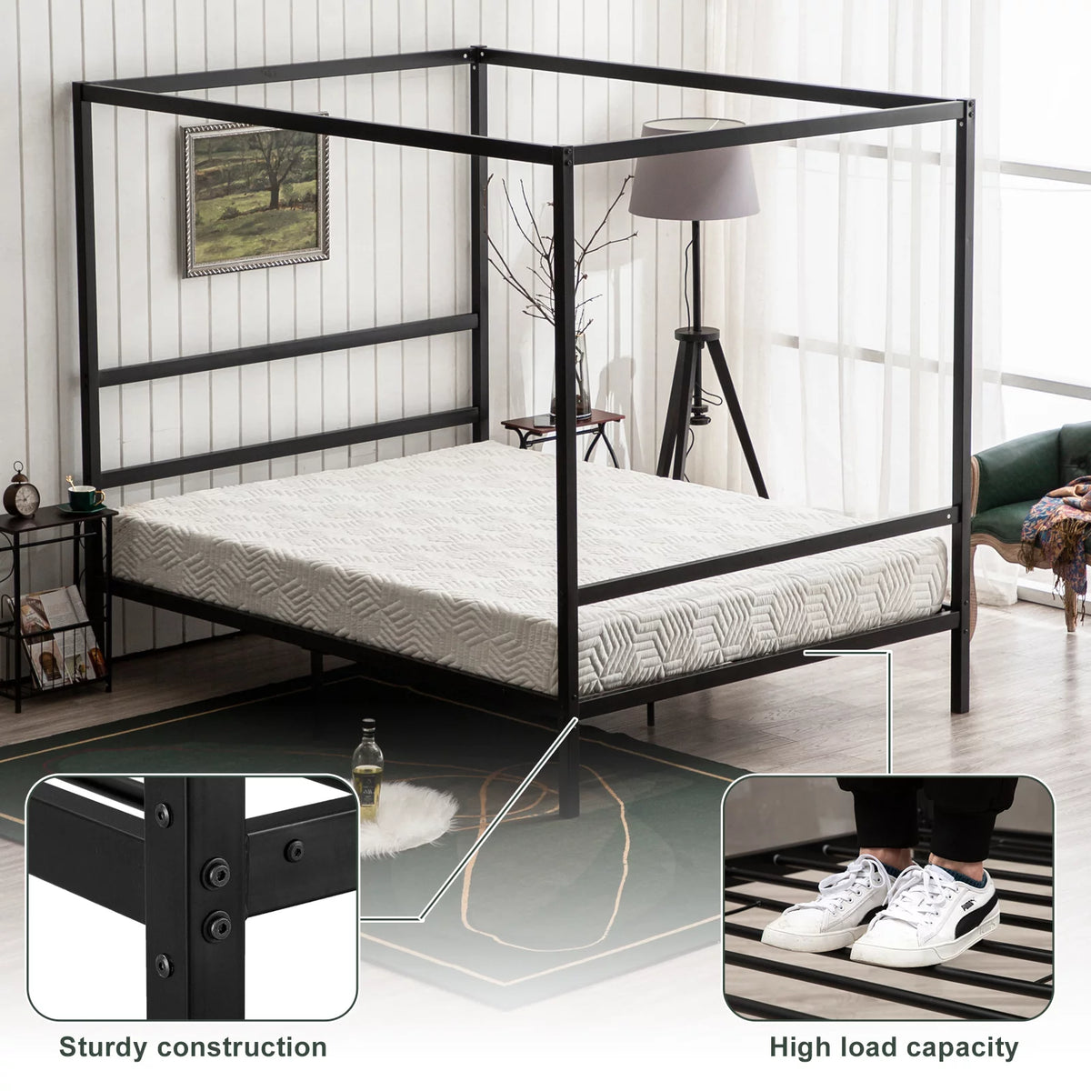 Black Queen Canopy Bed Frame with Headboard I495481