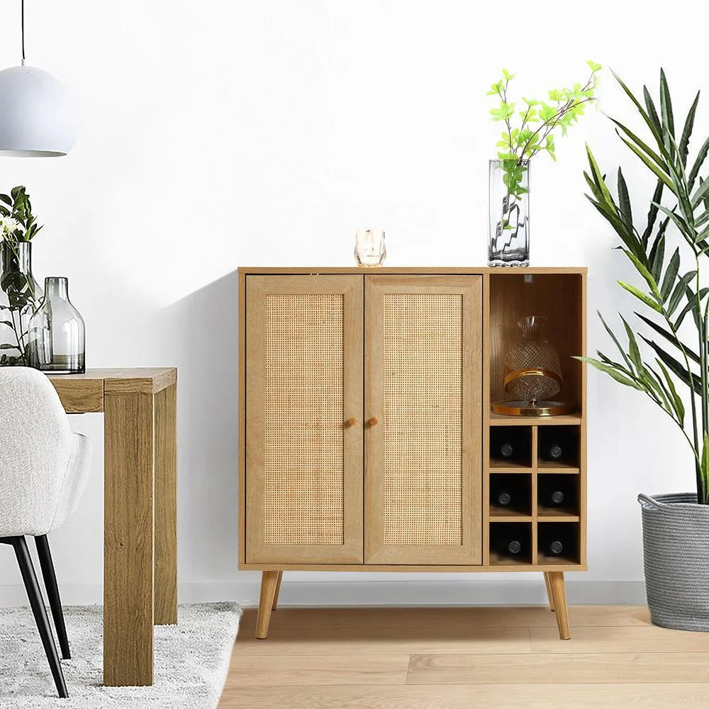 Light Oak Engineered Wood Rattan Wine and Storage Cabinet Z221