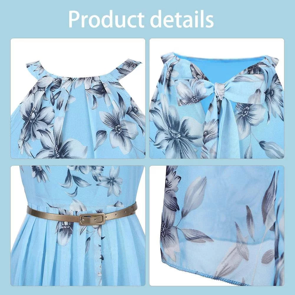 Blue Floral Halter Chiffon Maxi Dress V76644