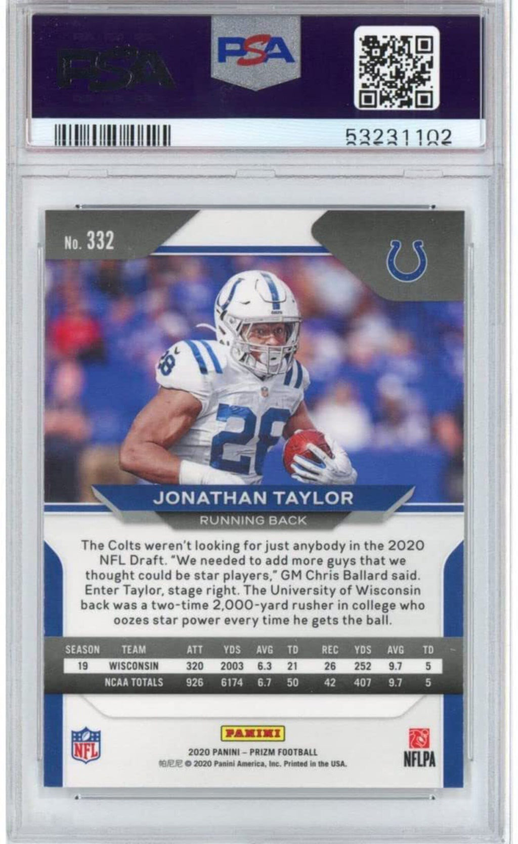 2020 Panini Prizm Jonathan Taylor Rookie RC Football Card PSA 10 M791647
