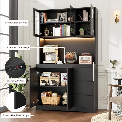 Black 71" Kitchen Pantry Cabinet with LED Lights and Charging Station Q71953