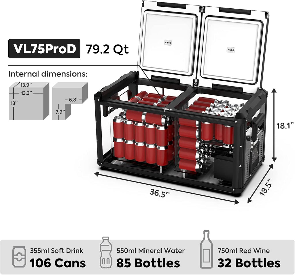 Portable Refrigerator, 75L Dual Zone Steel Compact Refrigerator C45727