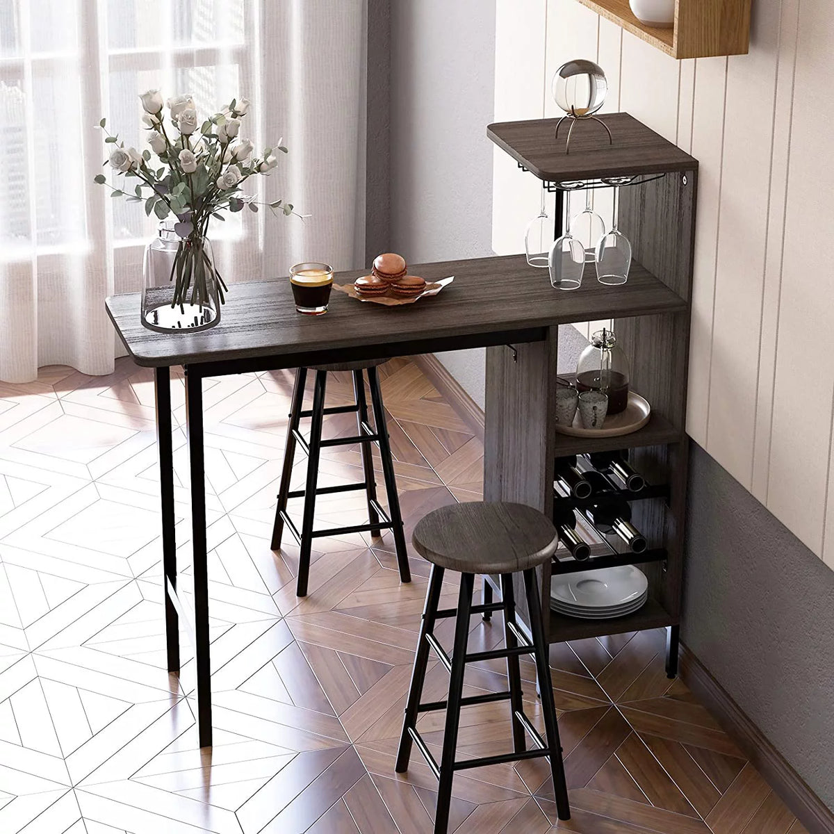Bar Table and Chairs Set for 2, 3-Piece Counter Height Dining Table Set with Shelves P382