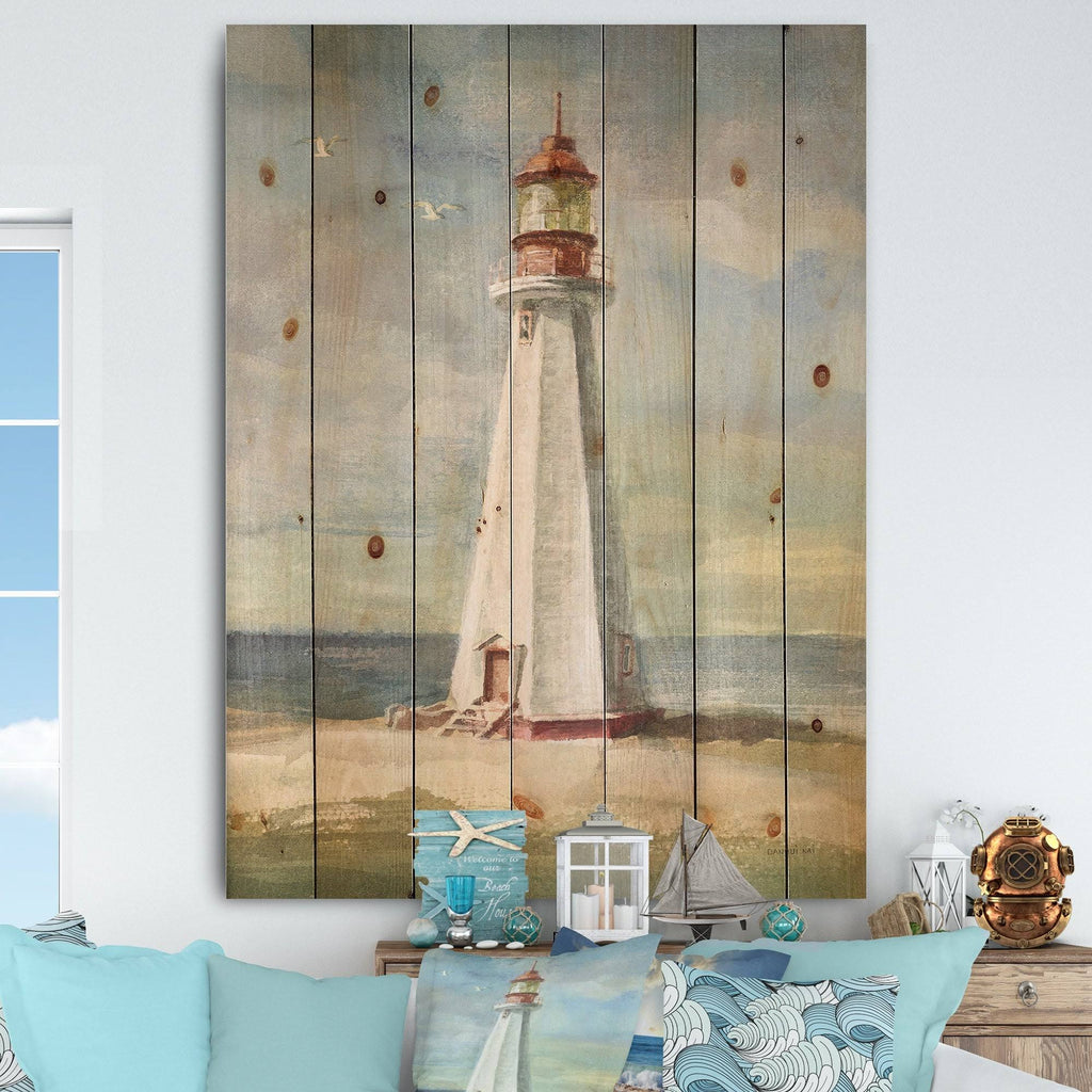 Nautical Beach Print on Natural Pine Wood Blue 30 in. Wide x 40 in. High V170563