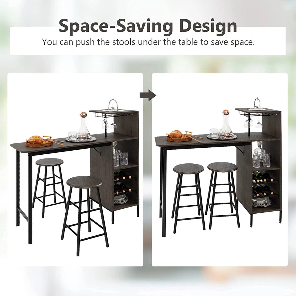 Bar Table and Chairs Set for 2, 3-Piece Counter Height Dining Table Set with Shelves P382