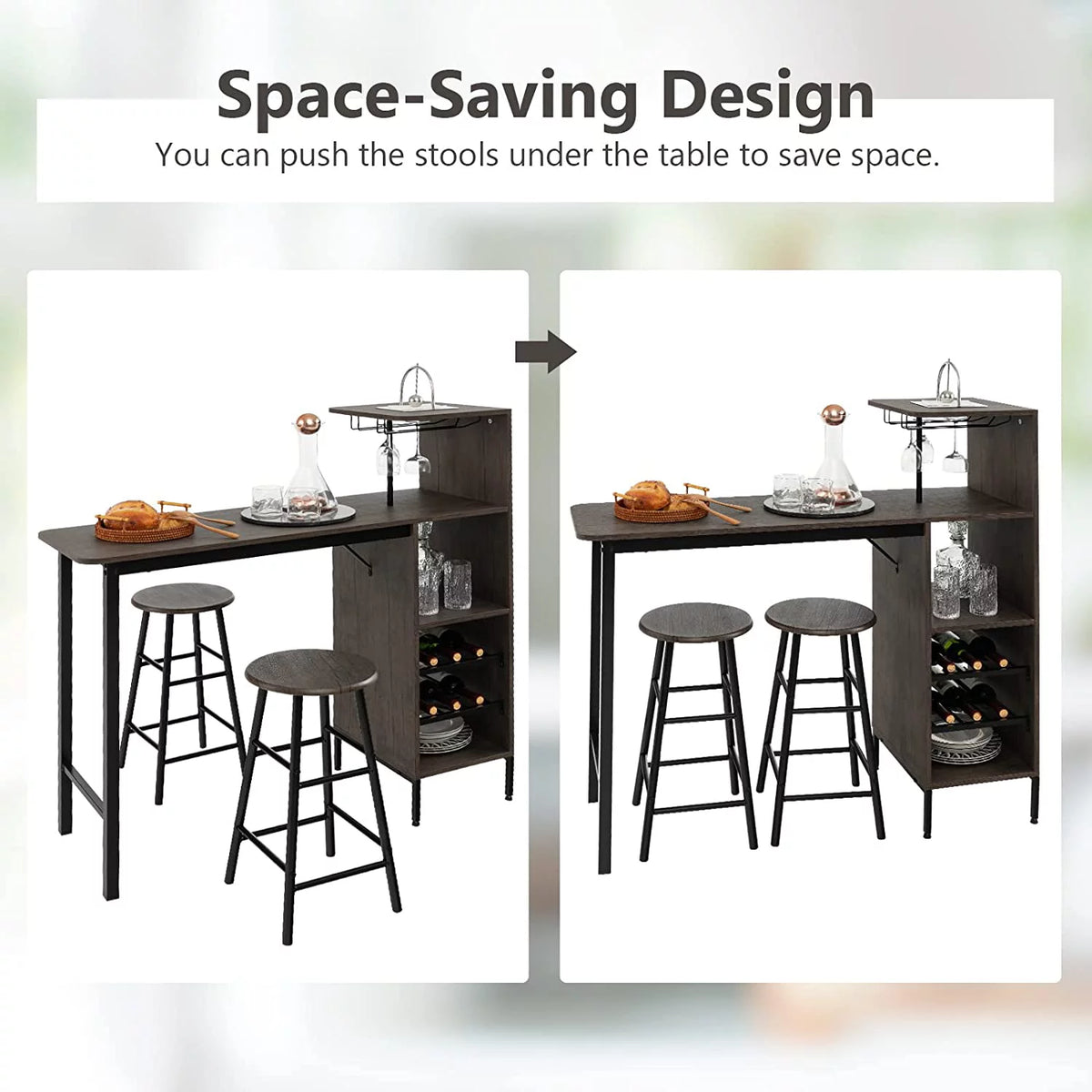 Bar Table and Chairs Set for 2, 3-Piece Counter Height Dining Table Set with Shelves P382