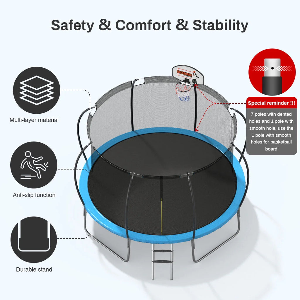 12' Round Backyard Trampoline with Safety Enclosure and Basketball Hoop W5217