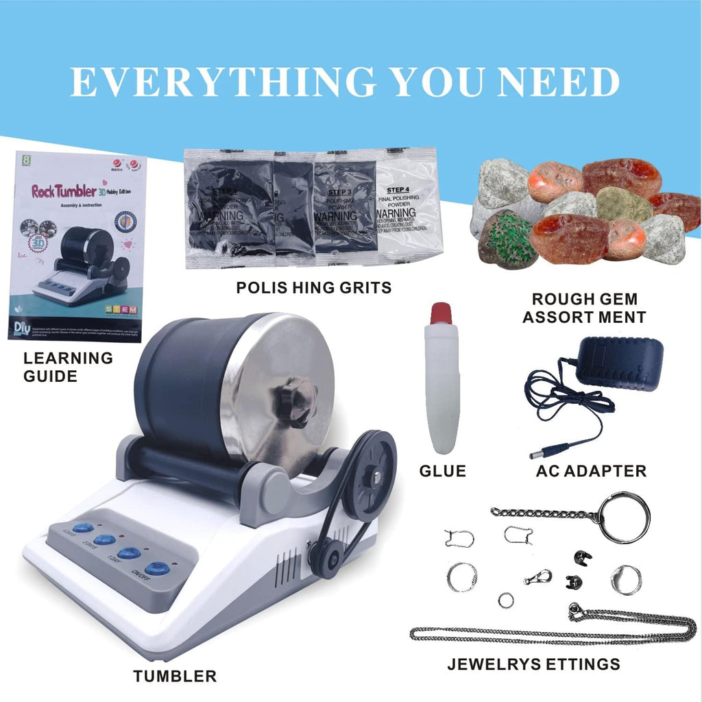 Rock Tumbler Kit with Rough Stones, Polishing Sands, Jewelry Fasteners I8239