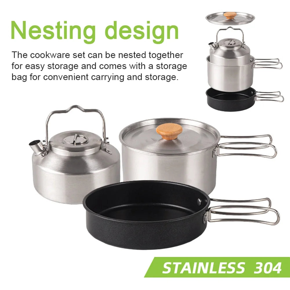 Stainless Steel Camping Cookware Set with Pot Frying Pan Kettle E848