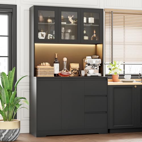 Black 71" Kitchen Pantry Cabinet with LED Lights and Charging Station Q71953