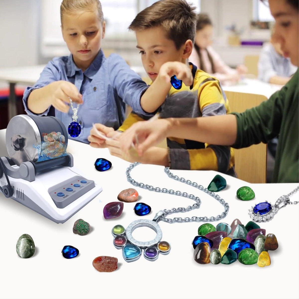 Rock Tumbler Kit with Rough Stones, Polishing Sands, Jewelry Fasteners I8239
