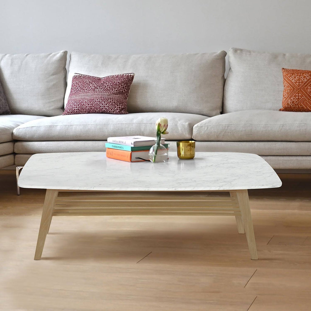 Italian Carrara White Marble Coffee Table with Oak Shelf S41989