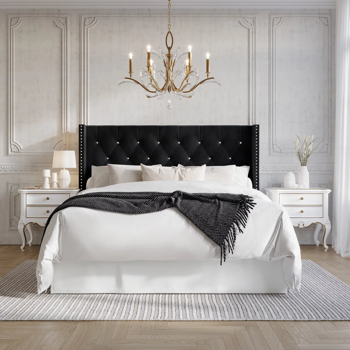 Button Tufted Wingback Velvet Upholstered Queen Bed H266