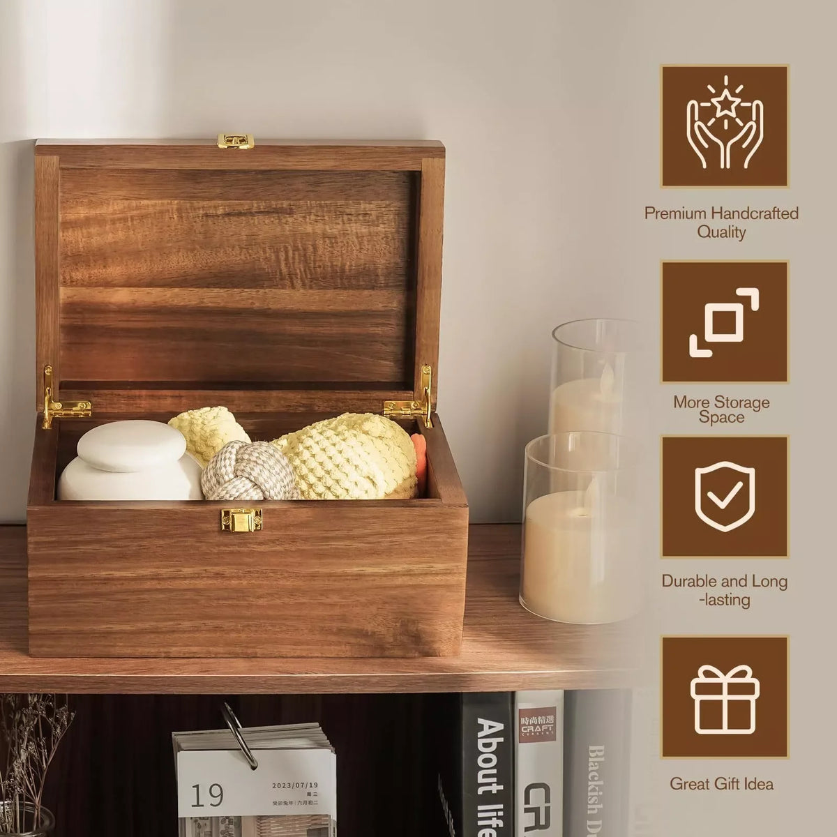 Acacia Wooden Storage Box with Hinged Lid Y978309