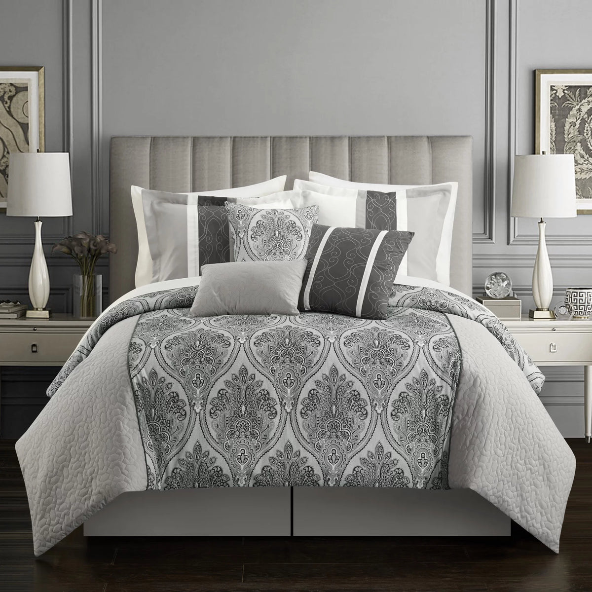 11-Piece Reversible Geometric Comforter Set, Queen, Gray I43756