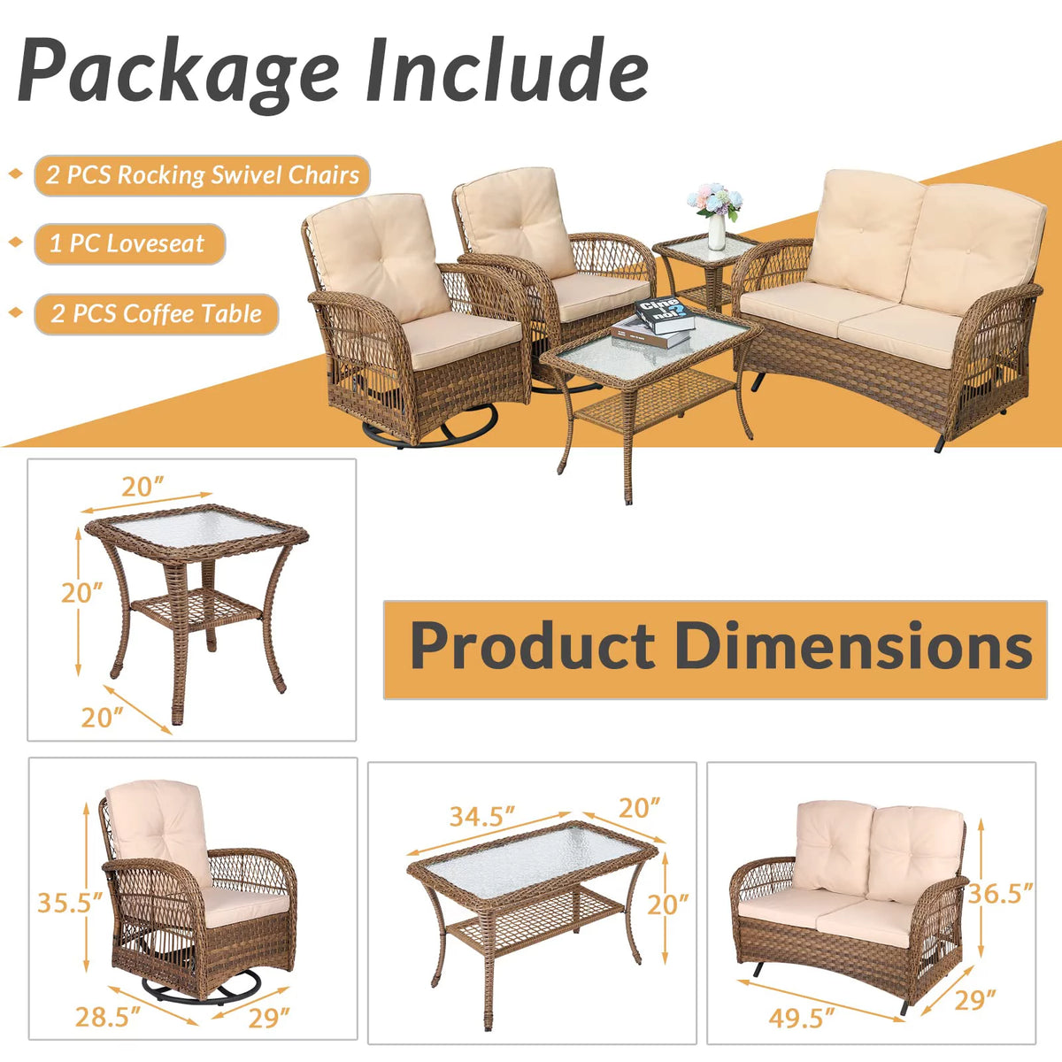 5 Pieces All Weather Wicker Patio Conversation Sofa Set with Glass Coffee Table S263