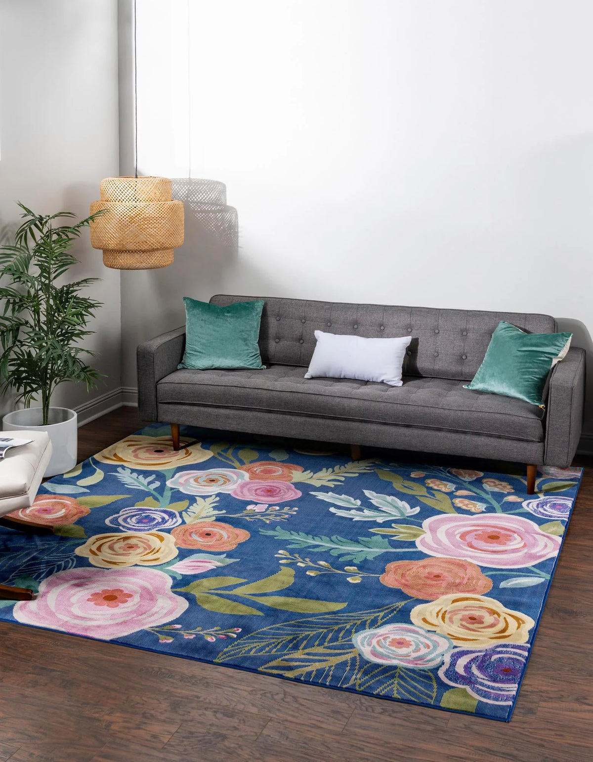 Blue Olive Floral Tropical Square Rug F202