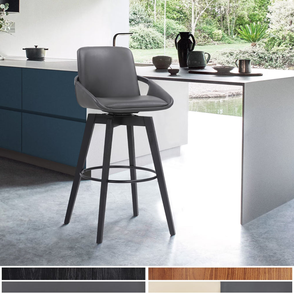 Gray Faux Leather and Black Wood Swivel Bar Stool Z973