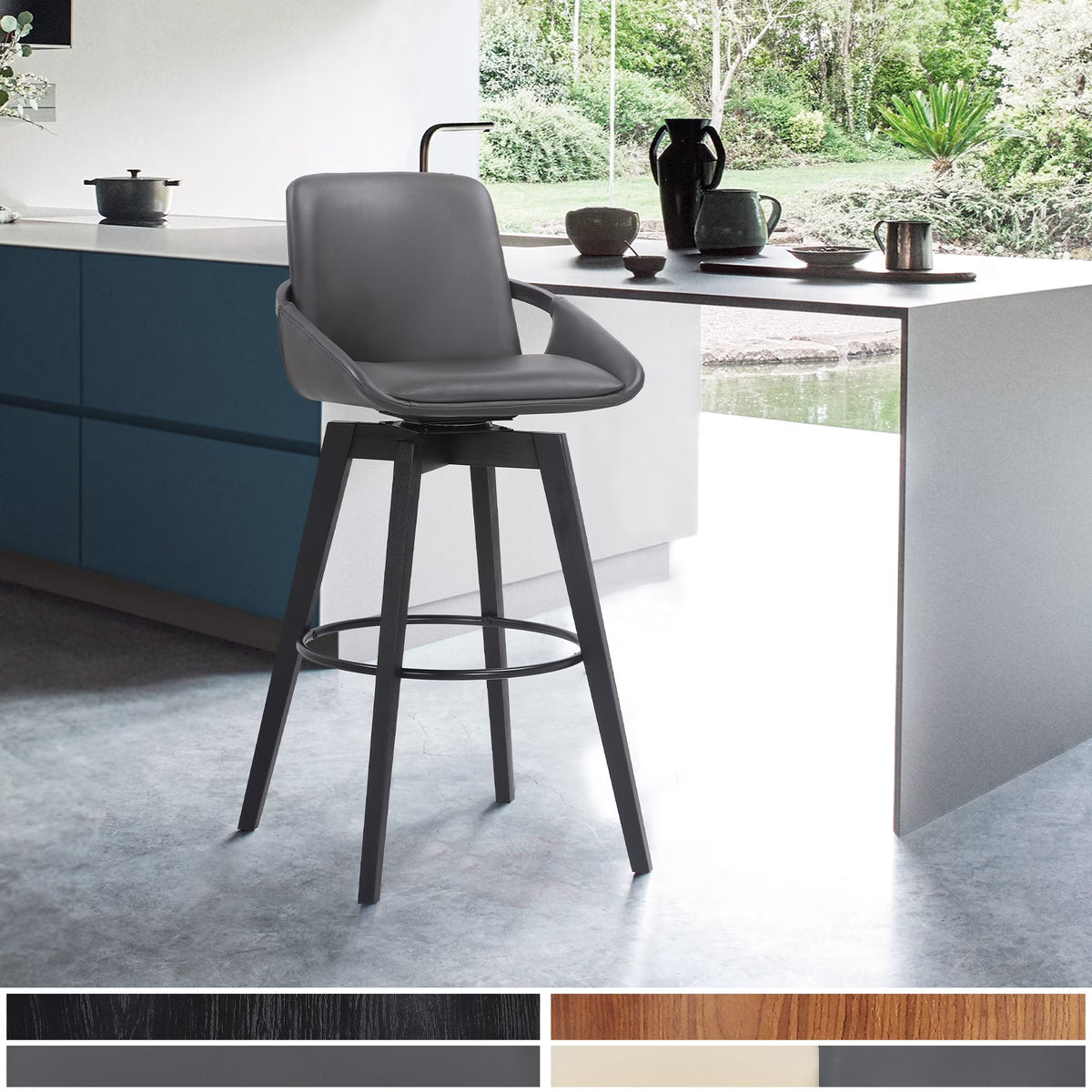 Gray Faux Leather and Black Wood Swivel Bar Stool Z973