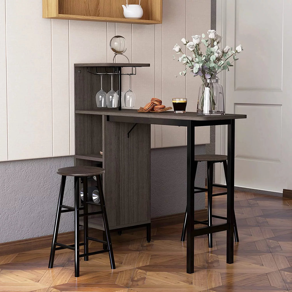 Bar Table and Chairs Set for 2, 3-Piece Counter Height Dining Table Set with Shelves P382