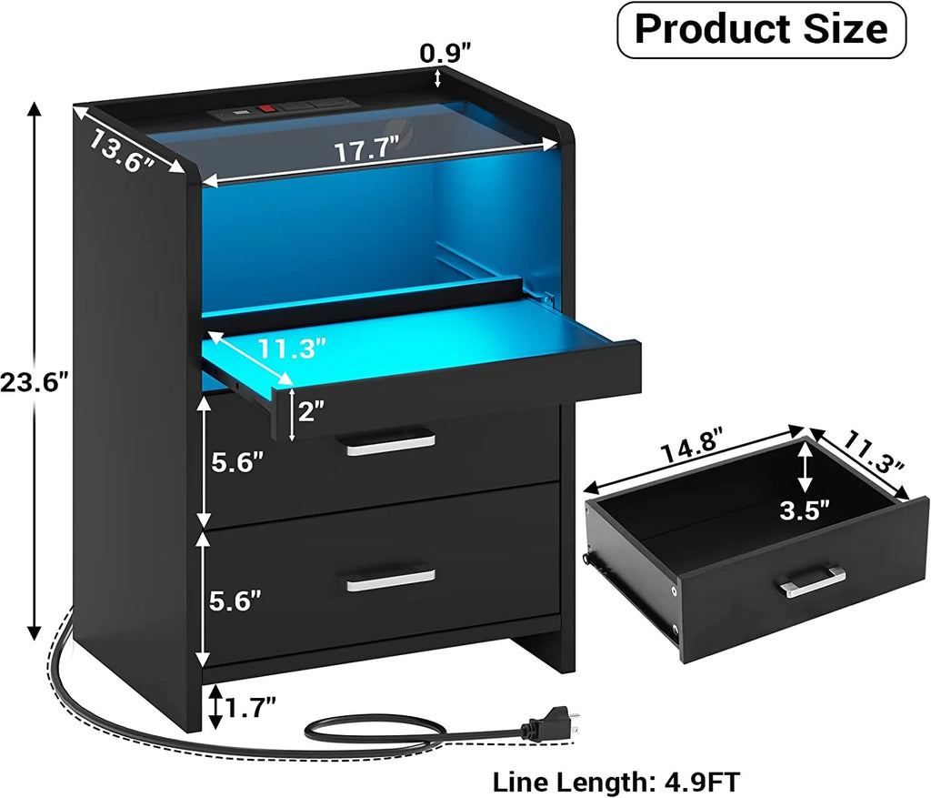 Black Set of 2 LED Nightstand with Charging Station A828751