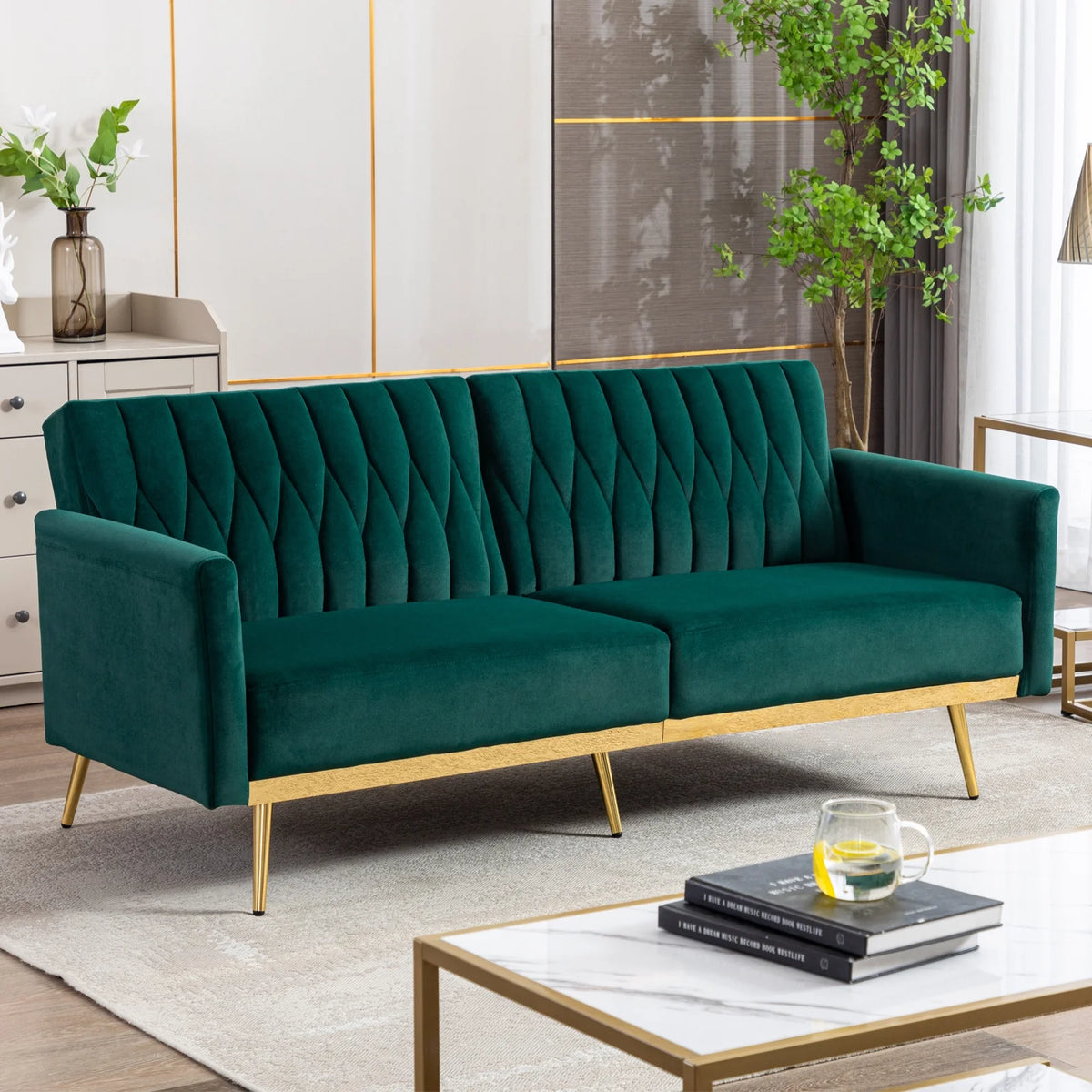 Green Velvet Convertible Futon Sofa Bed A819989