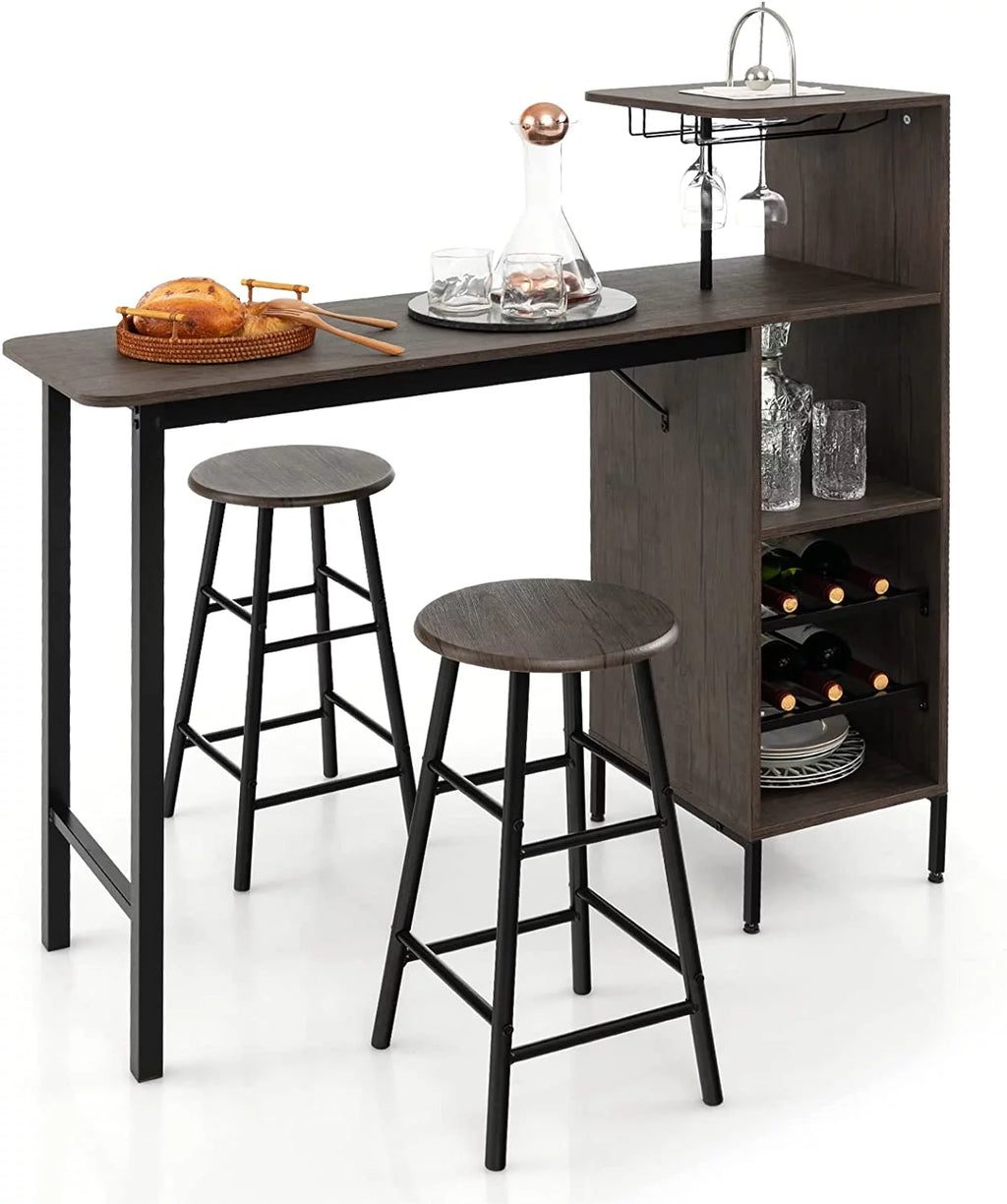 Bar Table and Chairs Set for 2, 3-Piece Counter Height Dining Table Set with Shelves P382