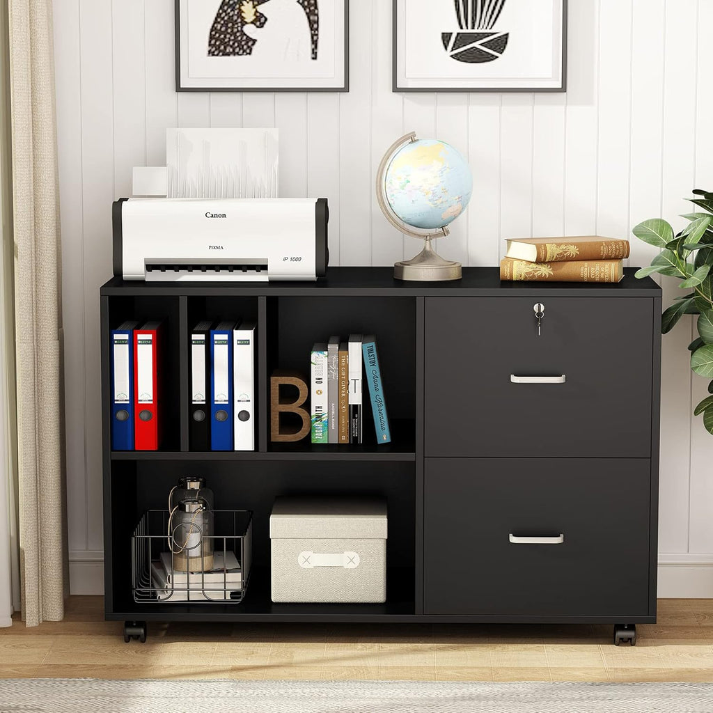 Black Lateral File Cabinet with Lock and Wheels O61268