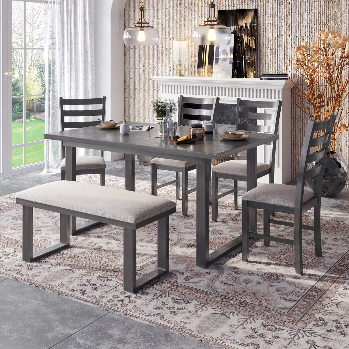 Solid Wood Dining Room Set with Table Chairs and Bench P8864
