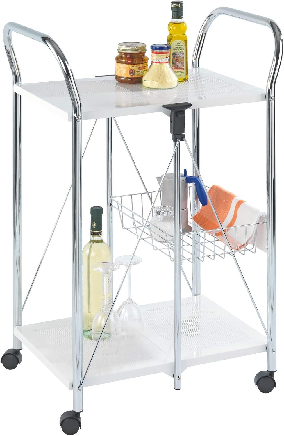 Foldable Utility Powder-Coated Metal Rolling Kitchen Cart, Silver Matt P835