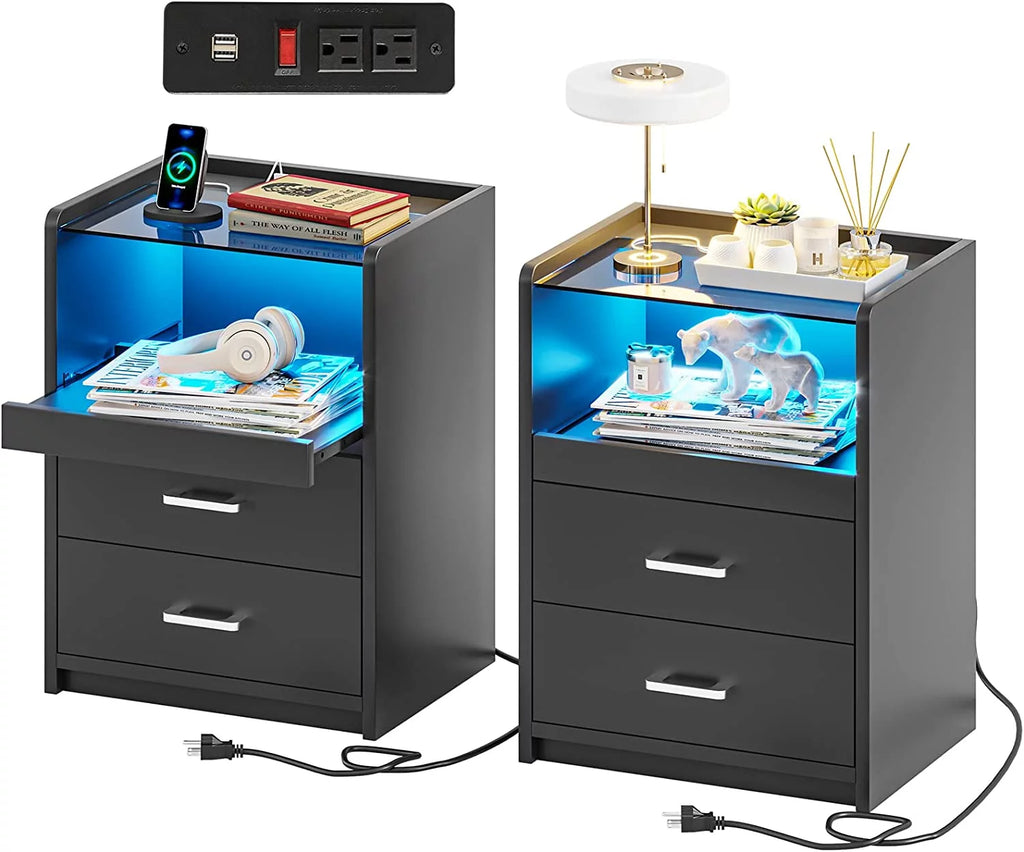 Black Set of 2 LED Nightstand with Charging Station A828751