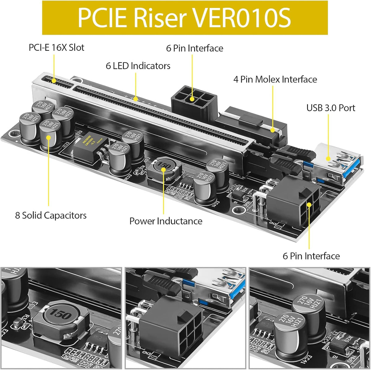 PCIE 1 to 4 Adapter Riser Card with 24 Inches USB 3.0 Cable, 5 Pack L926