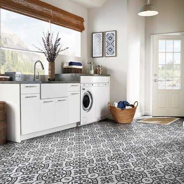 Black and White 2 MIL x 12 in. W x 12 in. L Peel and Stick Water Resistant Vinyl Tile Flooring X22167