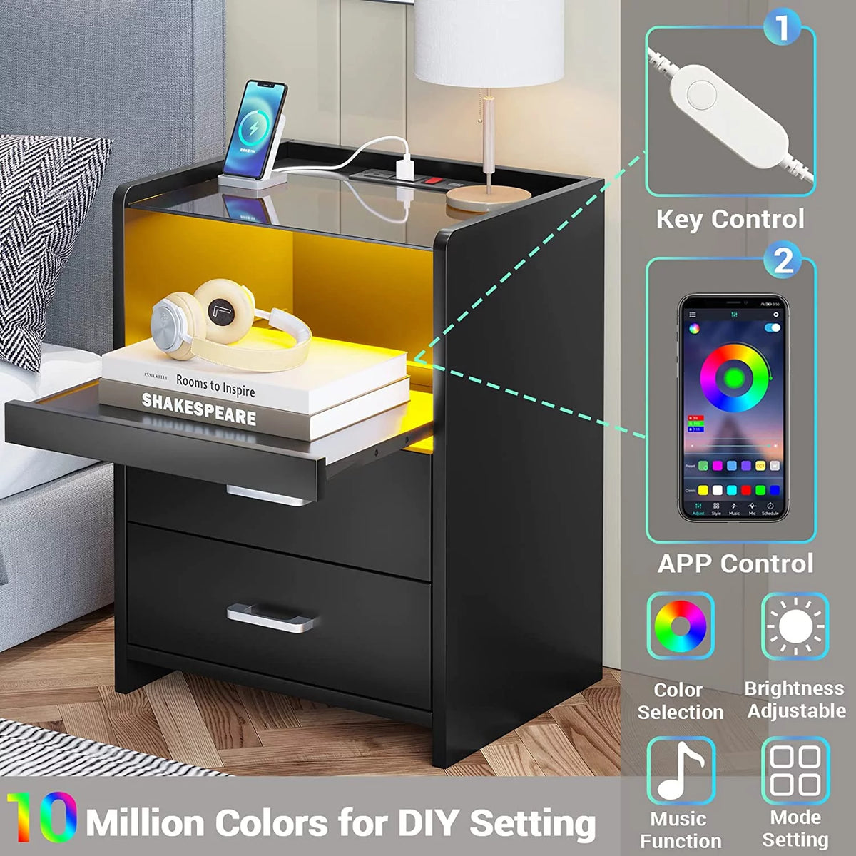 Black Set of 2 LED Nightstand with Charging Station A828751