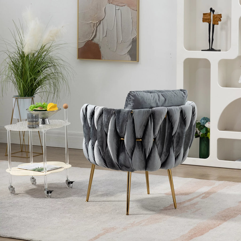Gray Velvet Upholstered Accent Chair with Gold Metal Leg and Throw Pillow O4904
