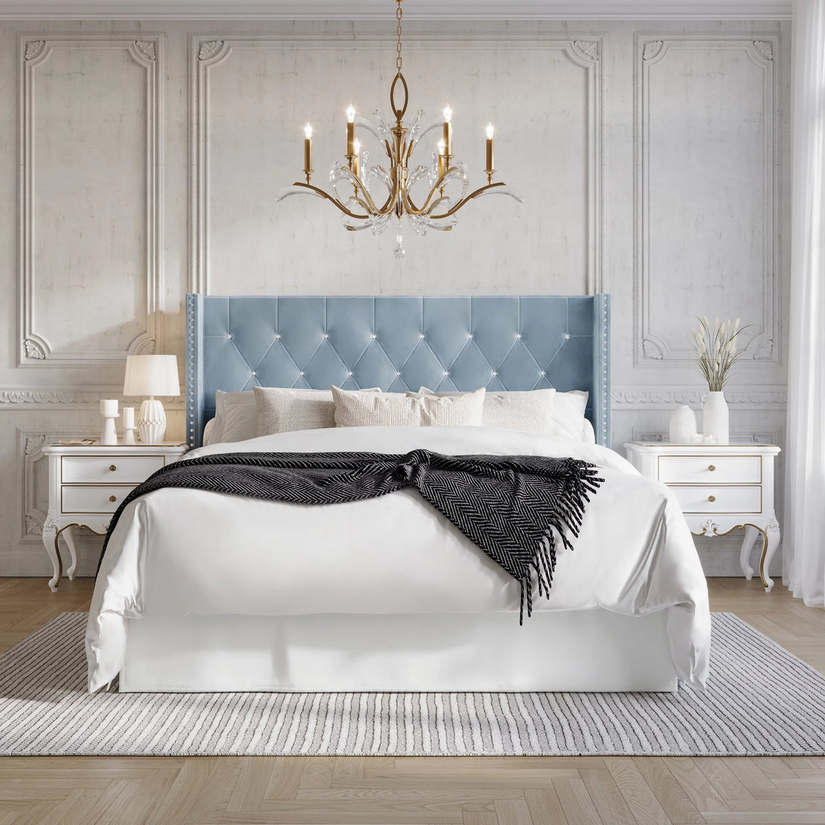 Button Tufted Wingback Velvet Upholstered Queen Bed H266