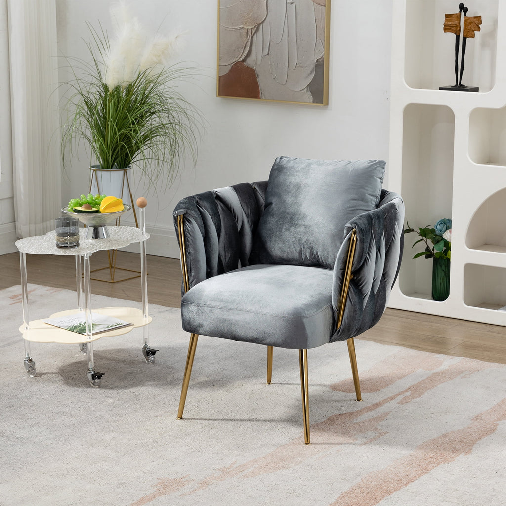 Gray Velvet Upholstered Accent Chair with Gold Metal Leg and Throw Pillow O4904