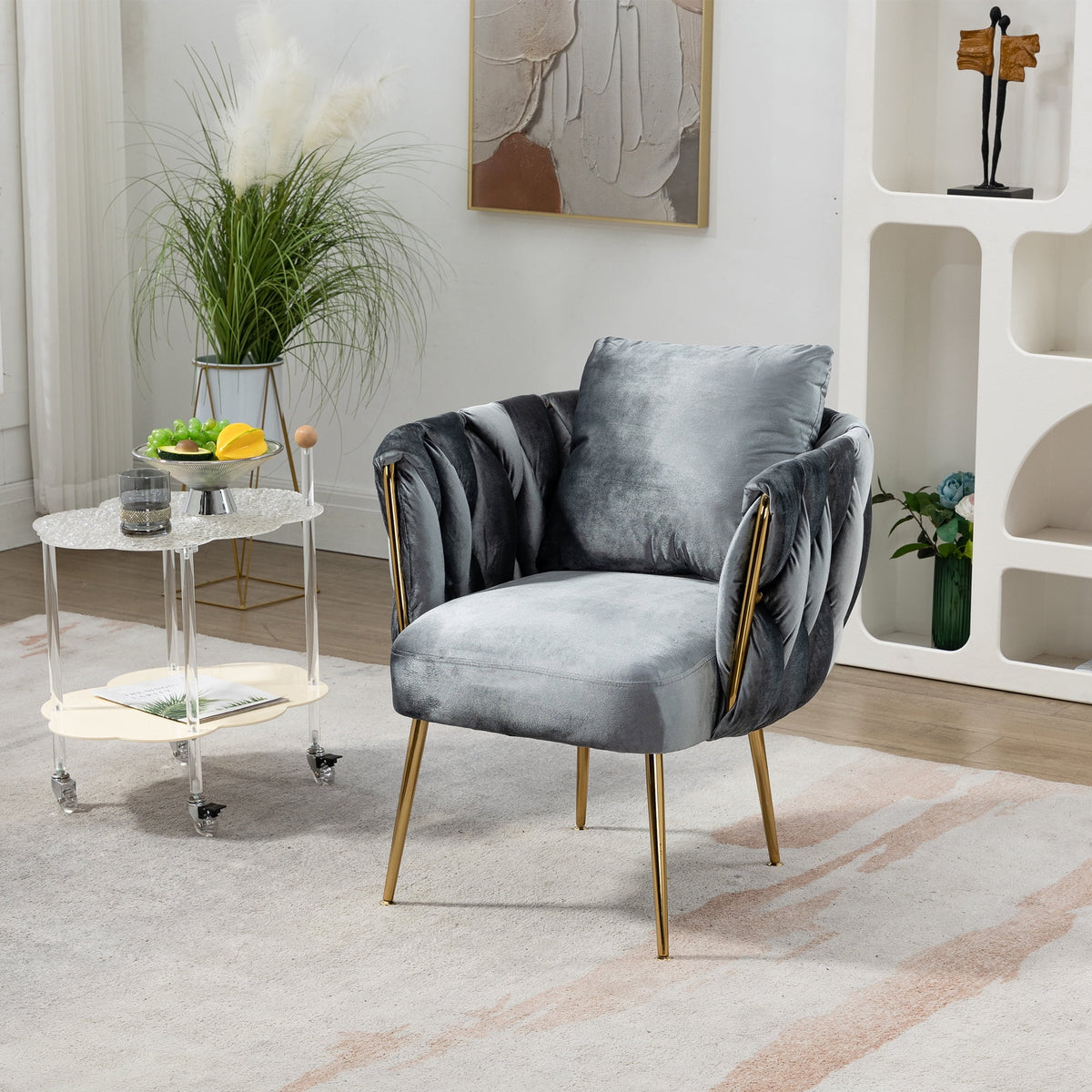 Gray Velvet Upholstered Accent Chair with Gold Metal Leg and Throw Pillow O4904