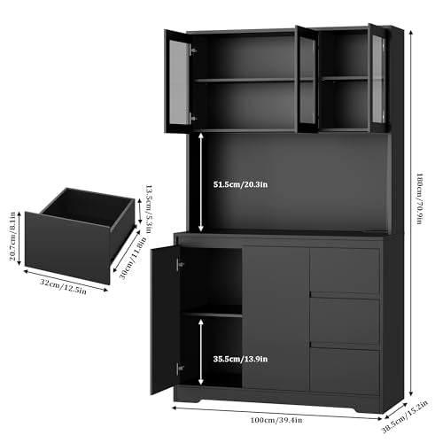 Black 71" Kitchen Pantry Cabinet with LED Lights and Charging Station Q71953