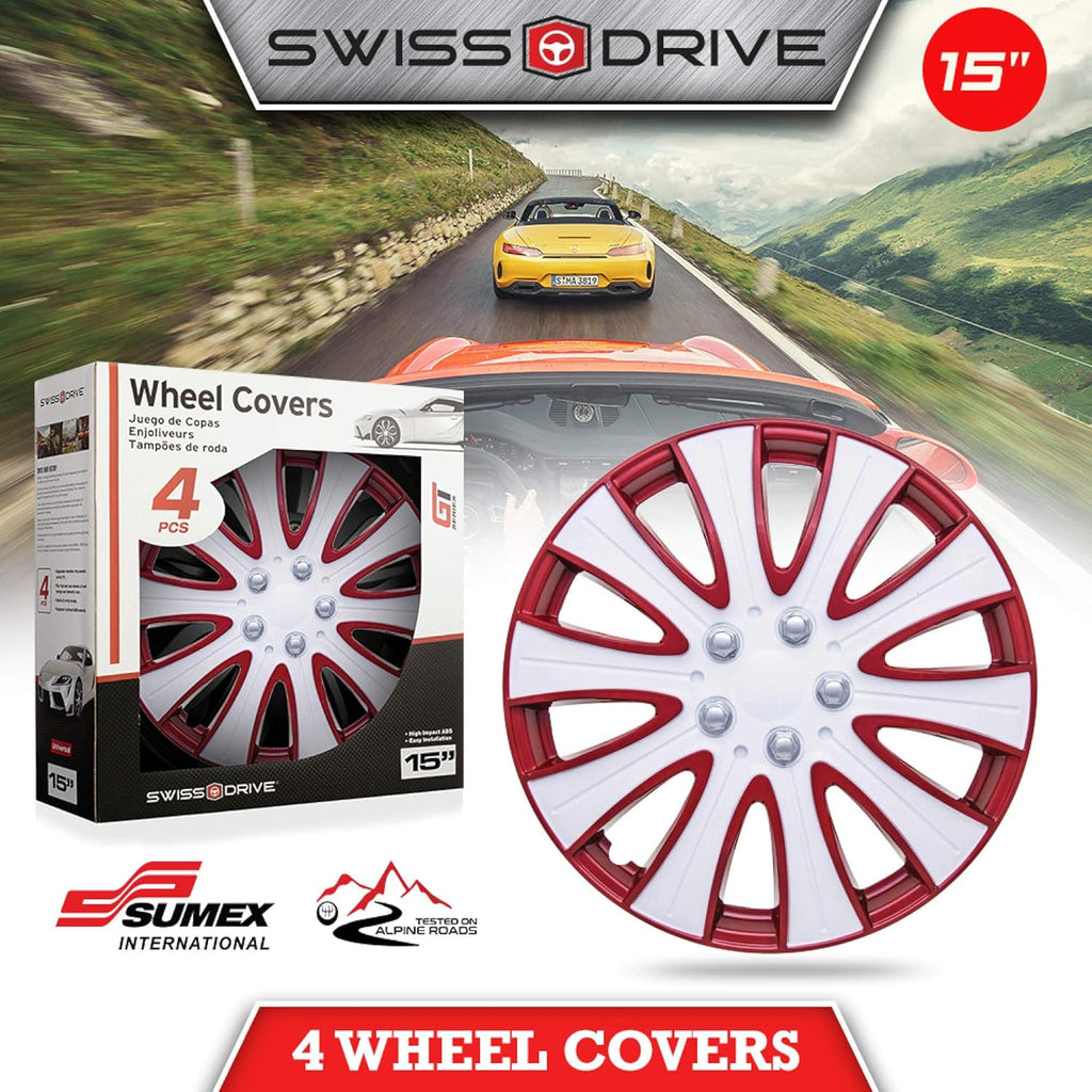 Set of 4 15inch Red and White Wheel HubCaps H8306