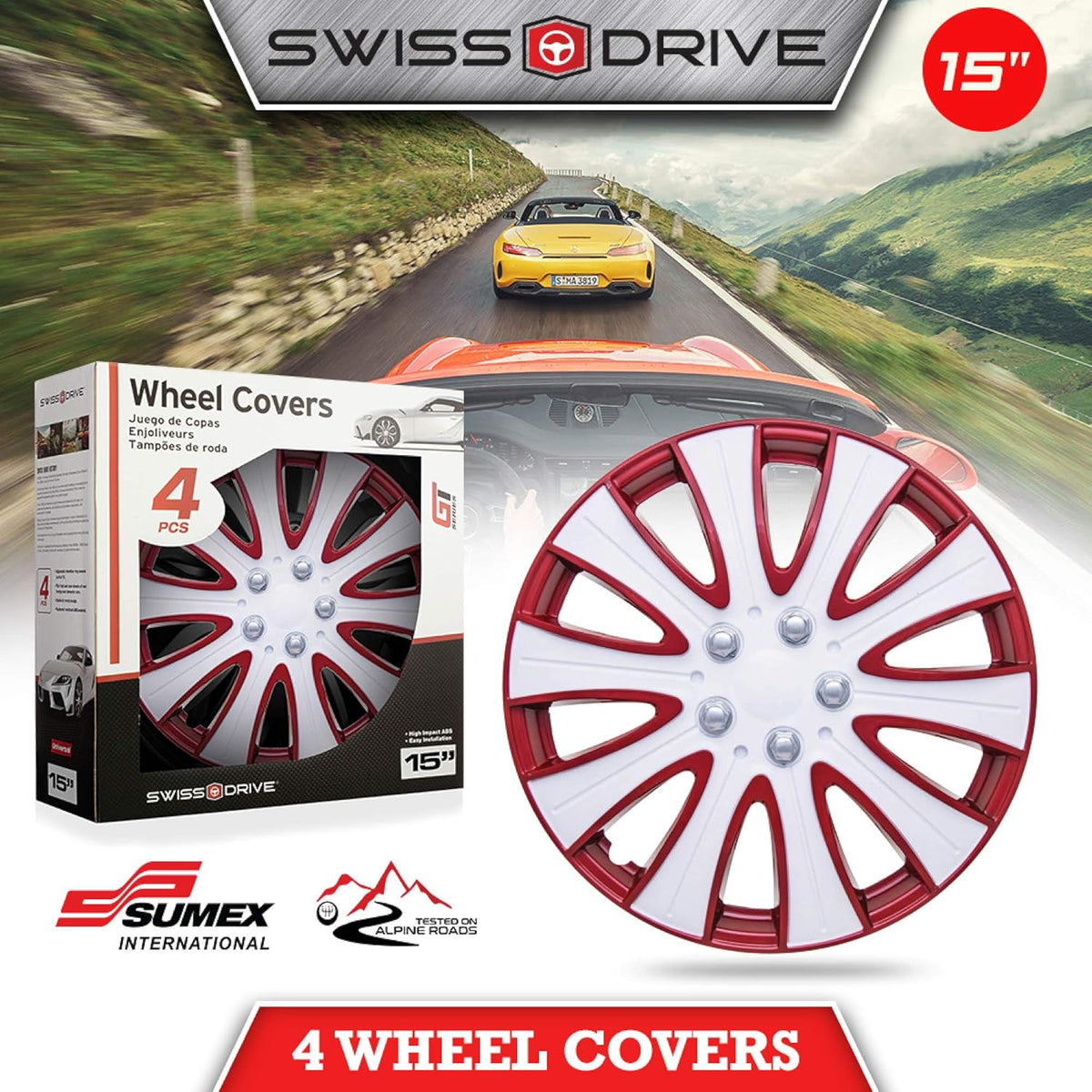 Set of 4 15inch Red and White Wheel HubCaps H8306