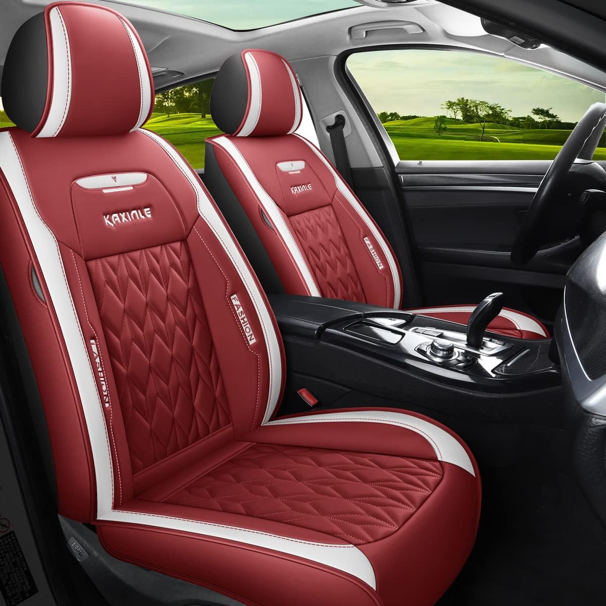 Wine Red Faux Leather 5 Seats Full Set Car Seat Covers I67016