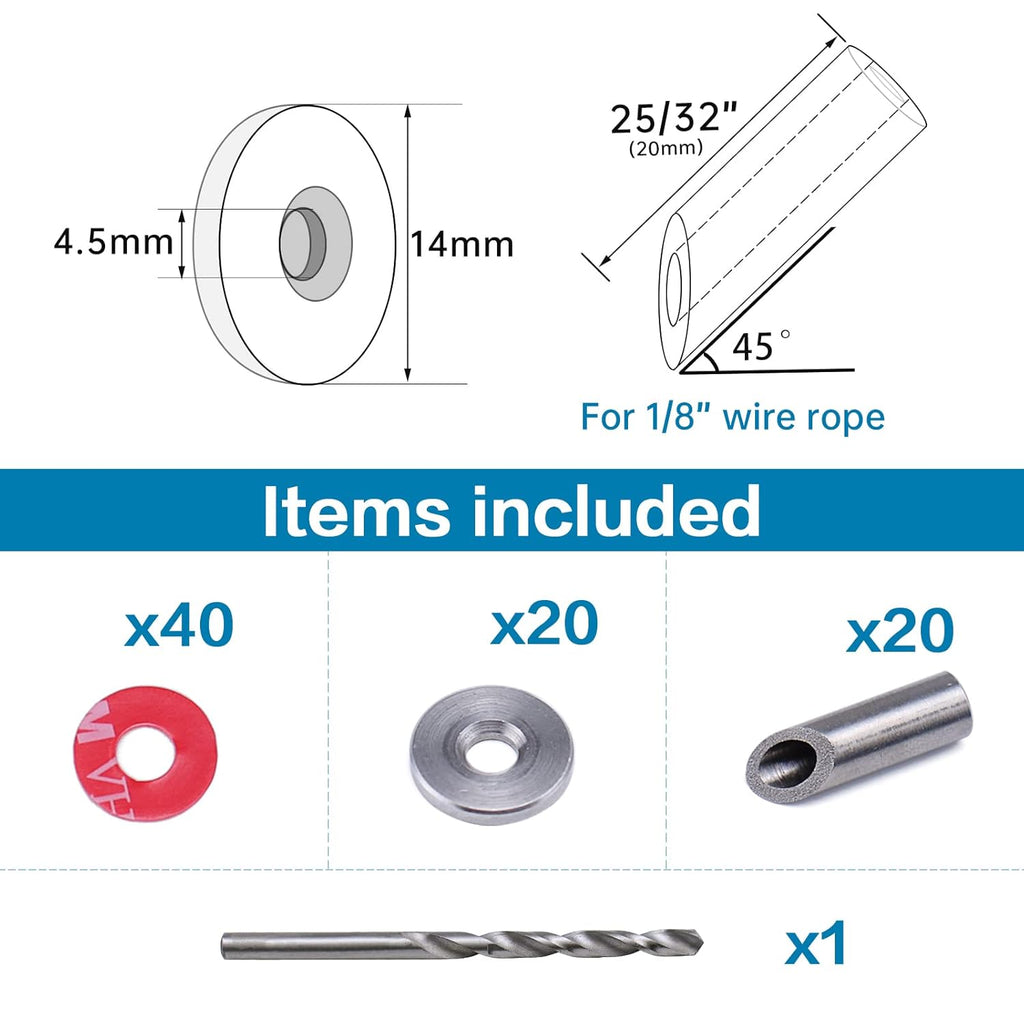 20Pack Cable Railing Kit Angled Protective Grommet for 90 Degree Corner 45 Degree L Shape Protector Sleeve for 1/8 Wire Rope Wood Posts T316 Stainless Steel Pack of 2 B746