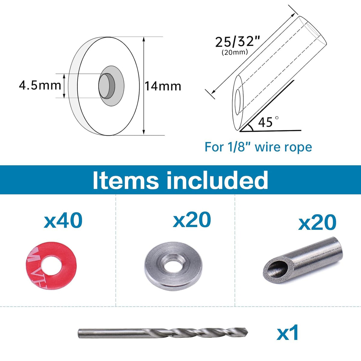 20Pack Cable Railing Kit Angled Protective Grommet for 90 Degree Corner 45 Degree L Shape Protector Sleeve for 1/8 Wire Rope Wood Posts T316 Stainless Steel Pack of 2 B746