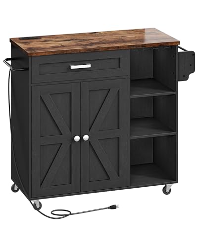 Black and Rustic Brown Rolling Kitchen Island Trolley with Power Outlet O29011