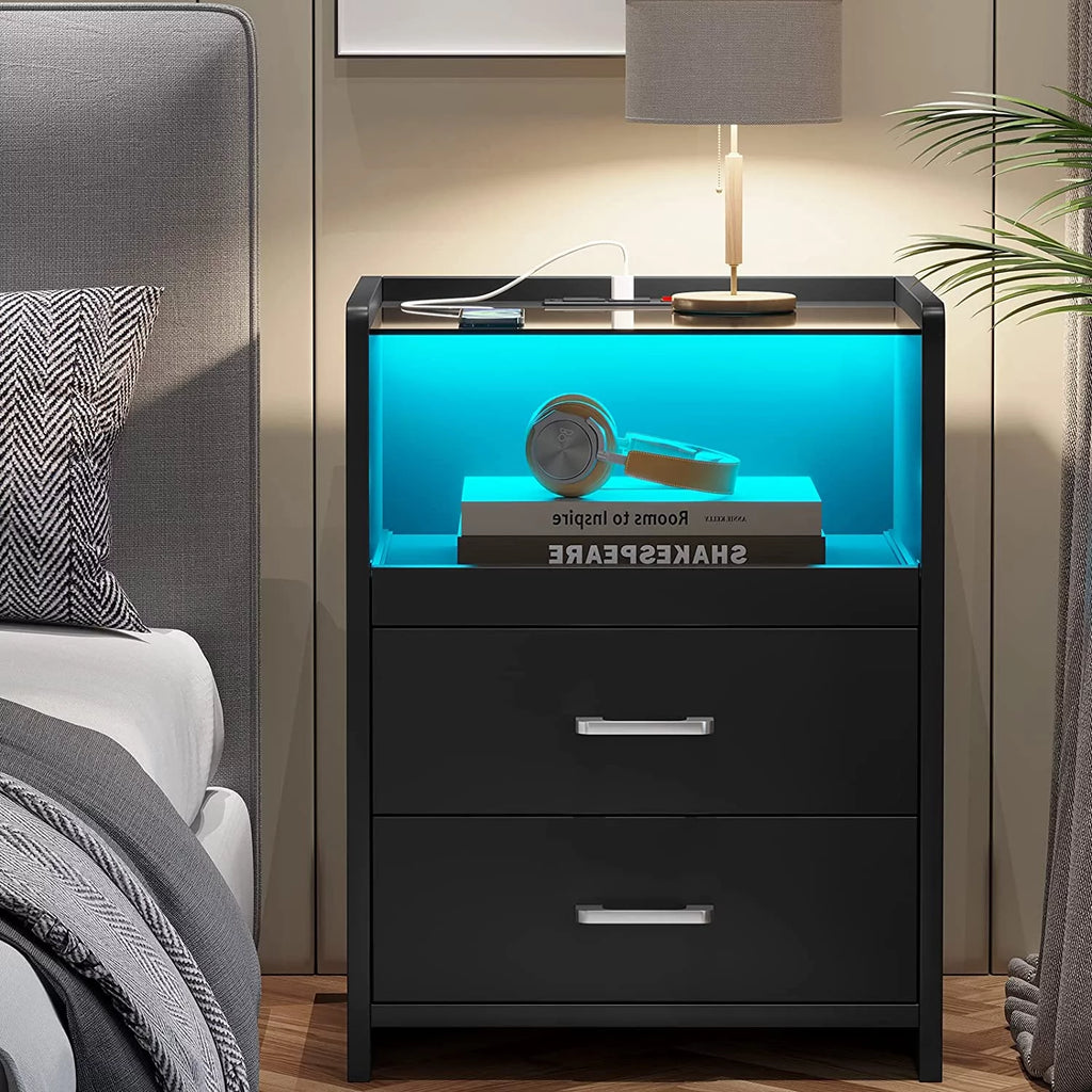 Black Set of 2 LED Nightstand with Charging Station A828751