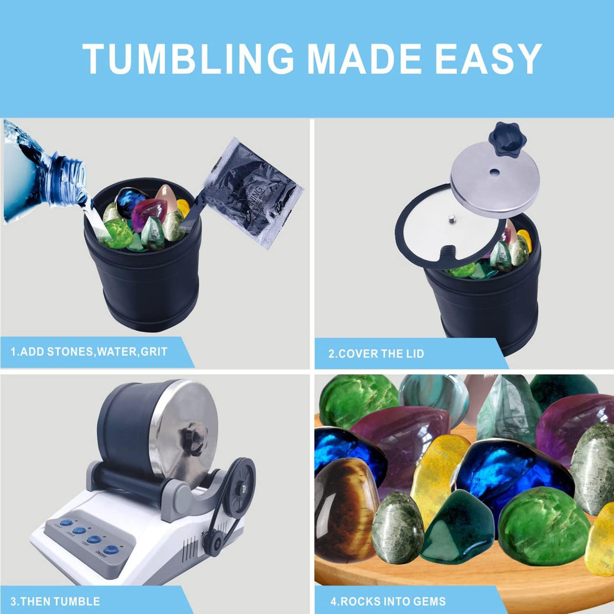 Rock Tumbler Kit with Rough Stones, Polishing Sands, Jewelry Fasteners I8239