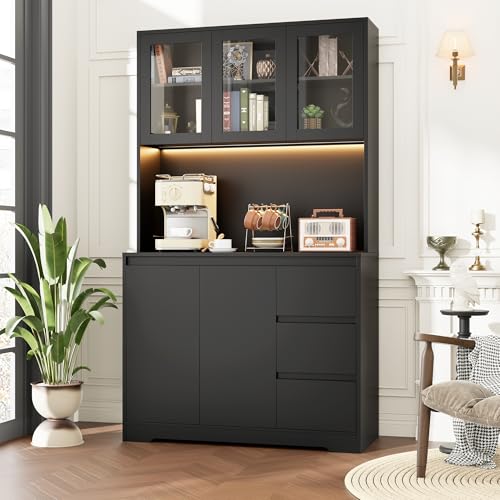 Black 71" Kitchen Pantry Cabinet with LED Lights and Charging Station Q71953