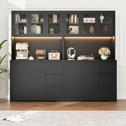 Black 71" Kitchen Pantry Cabinet with LED Lights and Charging Station Q71953